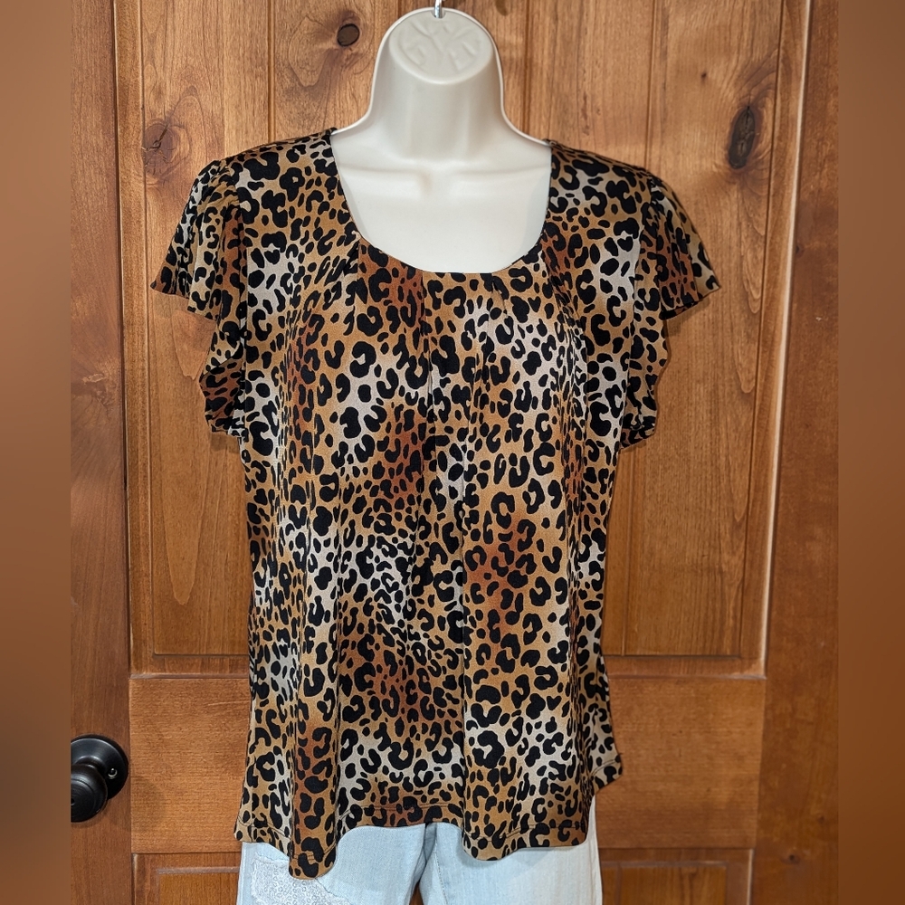 Worthington Leopard Print Blouse with Flutter Sleeves